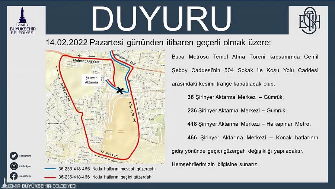 Buca otobüs hatlarına metro töreni için bir günlük düzenleme