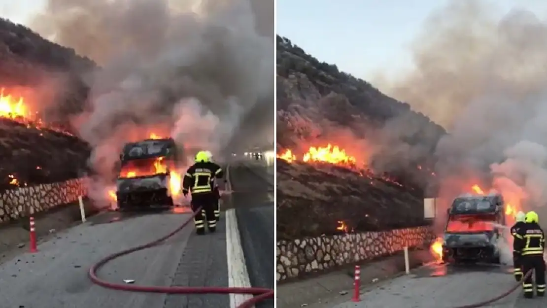 Mersin'de servis aracı otoyolda alev alev yandı