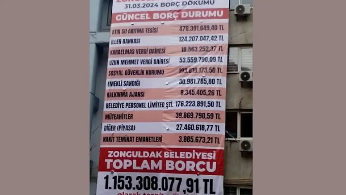 Zonguldak Belediyesi'nin borcu belediye binasına asıldı