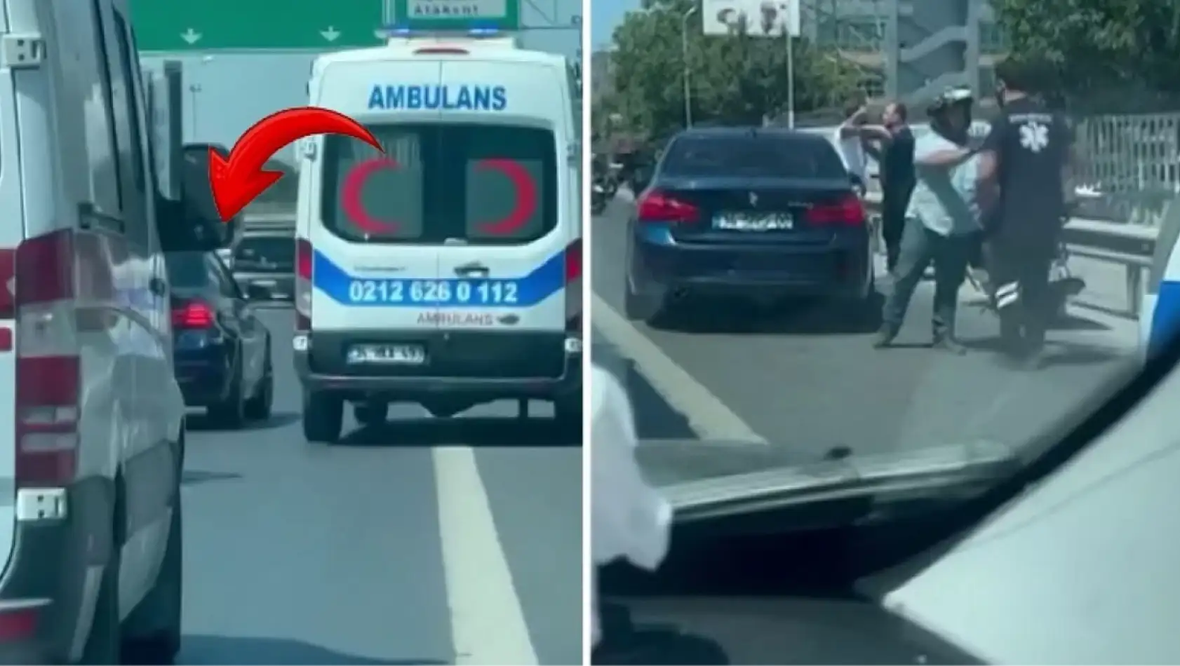 Ambulansın önünü kesip camı yumrukladı