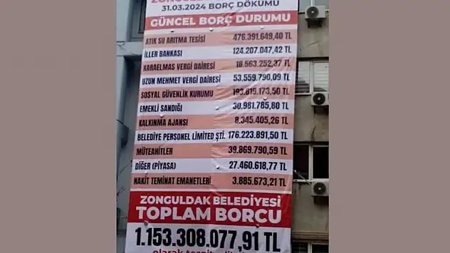 Zonguldak Belediyesi'nin borcu belediye binasına asıldı